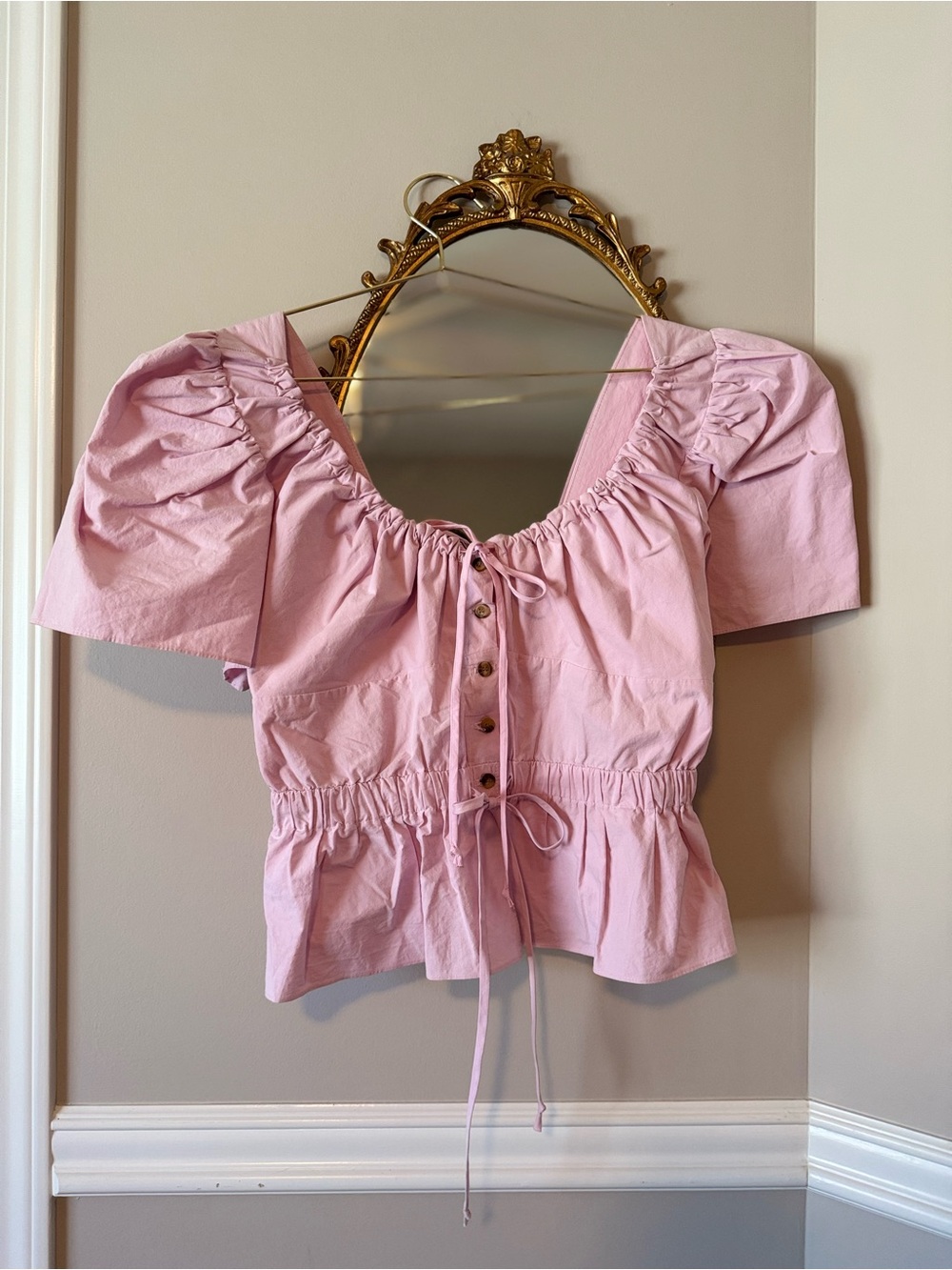 Ciao Lucia Light Pink Puff-Sleeve Cotton Blouse with Front Tie